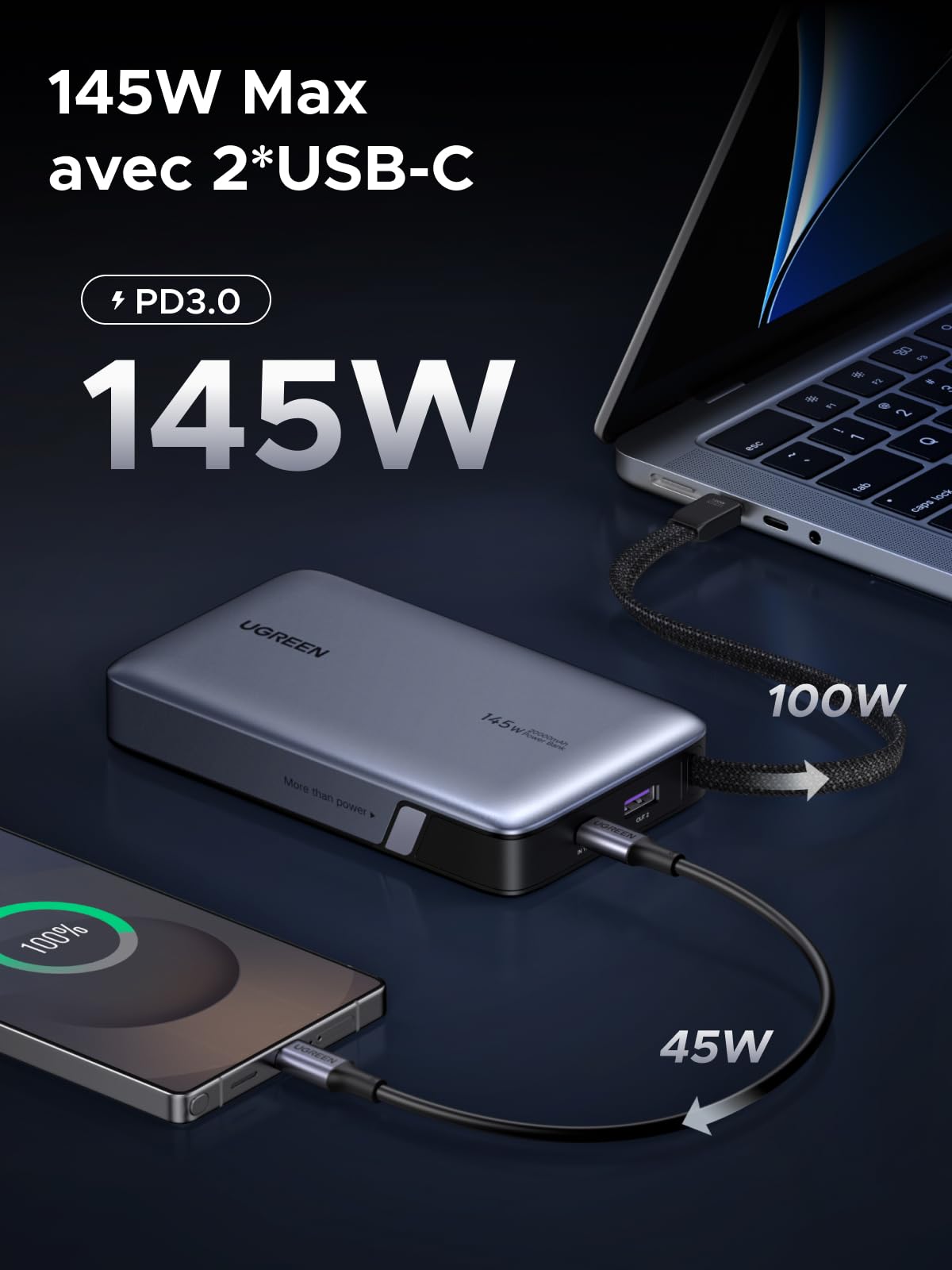 UGREEN Nexode 145W Batterie Externe 20000mAh Power Bank Charge Rapide PD3.0 100W Câble USB C Intégré Chargeur Portable PC LED Compatible avec iPhone 17 16 15 Plus Pro Max Galaxy S25 S24 MacBook iPad