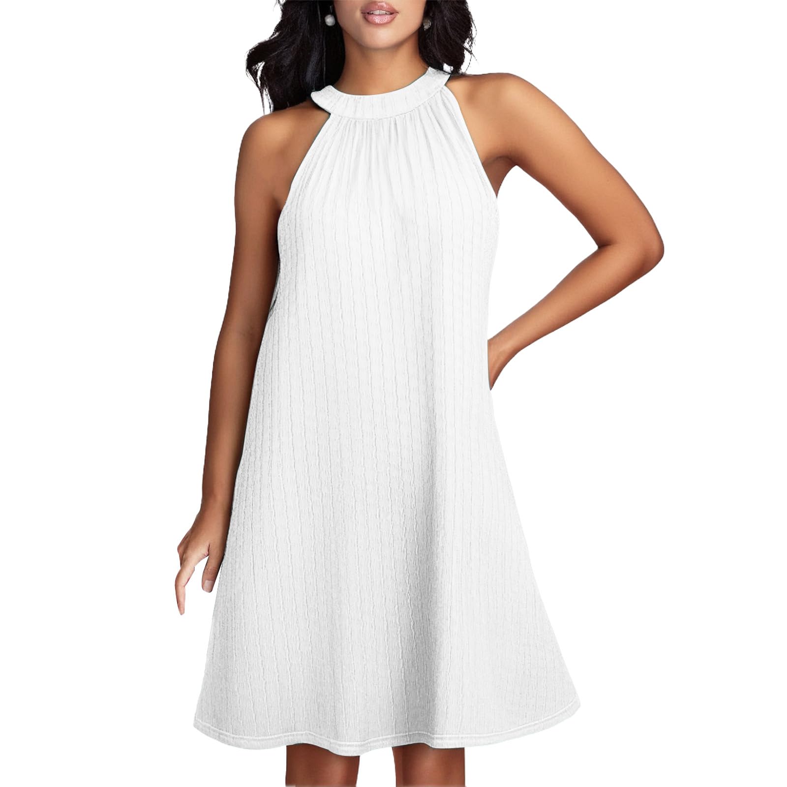 Womens Swimsuit Cover Up Dress Halter Neck Sleeveless Mini Dress Summer Flowy Beach Bikini Cover Ups Solid Dresses