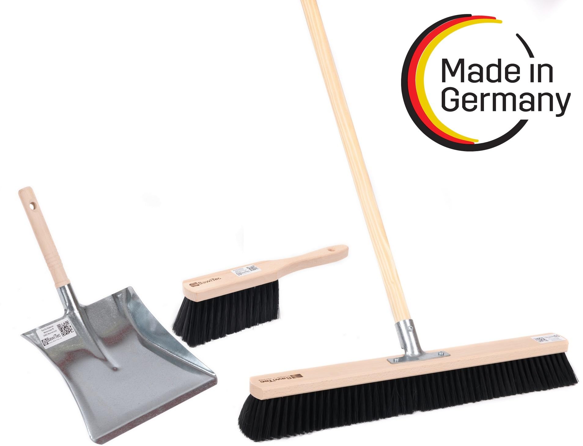 BawiTec Profi Kehrbesen Set Kehrset Besen 60cm Saalbesen #0808 Stiel Ø28mm,Holzstiel Länge 160cm,Handfeger 28cm,Metall-Kehrschaufel mit Holzgriff,feine weiche Kunsthaar-Borsten,Industriebesen
