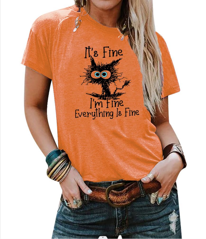 Women's I'm Fine Everything is Fine T-Shirts Short Sleeve Sayings Oversized Casual Cute Cat Graphic Tee Blouse Tops