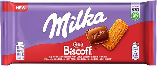 Milka Lotus Biscoff Milk Chocolate Bar with Biscuit Inclusions Lotus Biscoff Milk 100% Alpine, Sustainable Cocoa Tablet 90 g