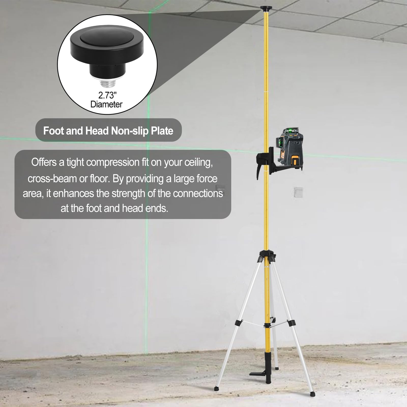 Perche Télescopique Réglable 3,7 m avec Trépied,Laser Level Tripod avec Base de Montage de 1/4“ x 20” et Adaptateur Fileté 5/8"-11 pour Les Niveaux Laser Rotatifs et Linéaires