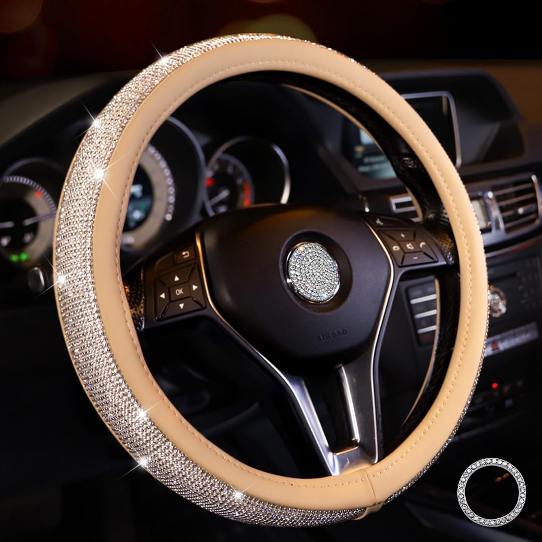 Coprivolante Auto con Strass Bling Bling Copri Volante in Morbida Pelle PU Traspirante 38 cm / 15 pollici Rivestimento Antiscivolo Volante con Strass Glitter Donna Ragazze (beige-bianco)