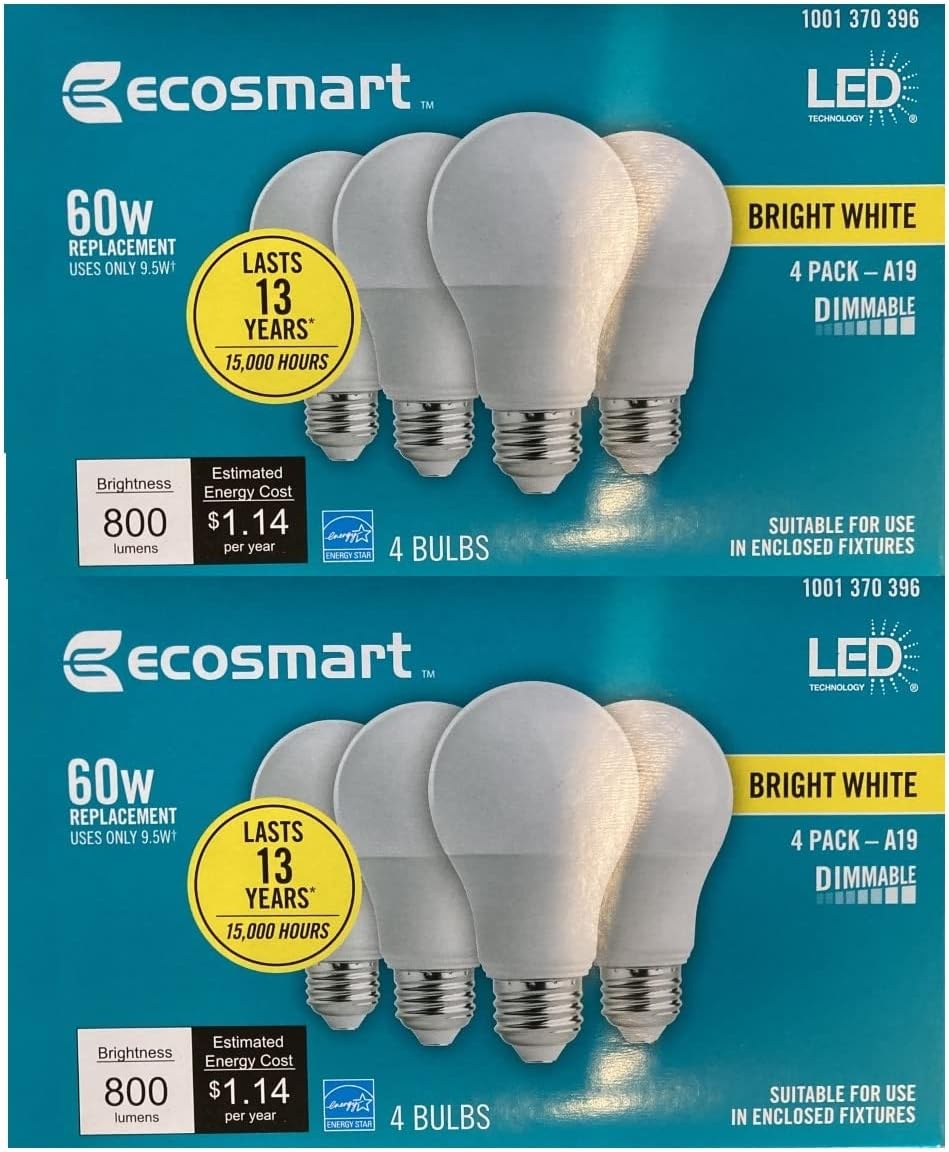 LED TECHNOLOGY EcoSmart 60-Watt Equivalent A19 Dimmable Energy Star LED Light Bulb Bright White (8-Pack)