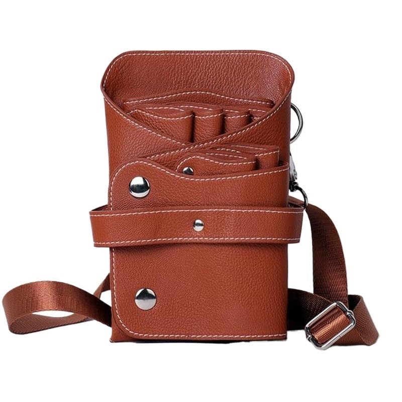 Borsa Parrucchiere Borsa porta forbici for capelli in pelle PU con 6 tasche, grande spazio, for salone da barbiere, pettine for, custodia cintura, strumento for parrucchiere(Brown)