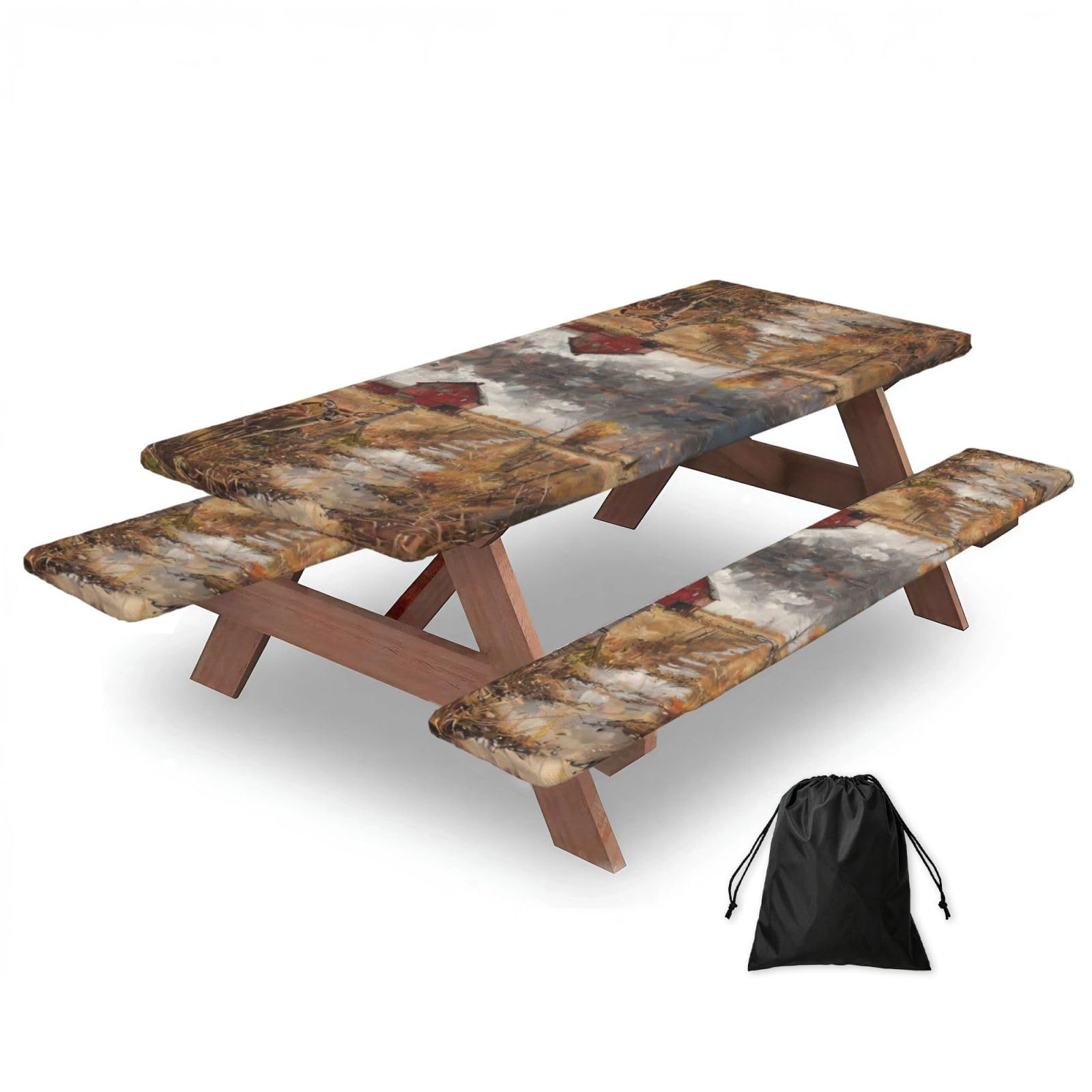 Farm With Deer Print 3 Pack Wipeable Picnic Bench Cover And Table Cover Lightweight Table Cloth For Camping Outdoor