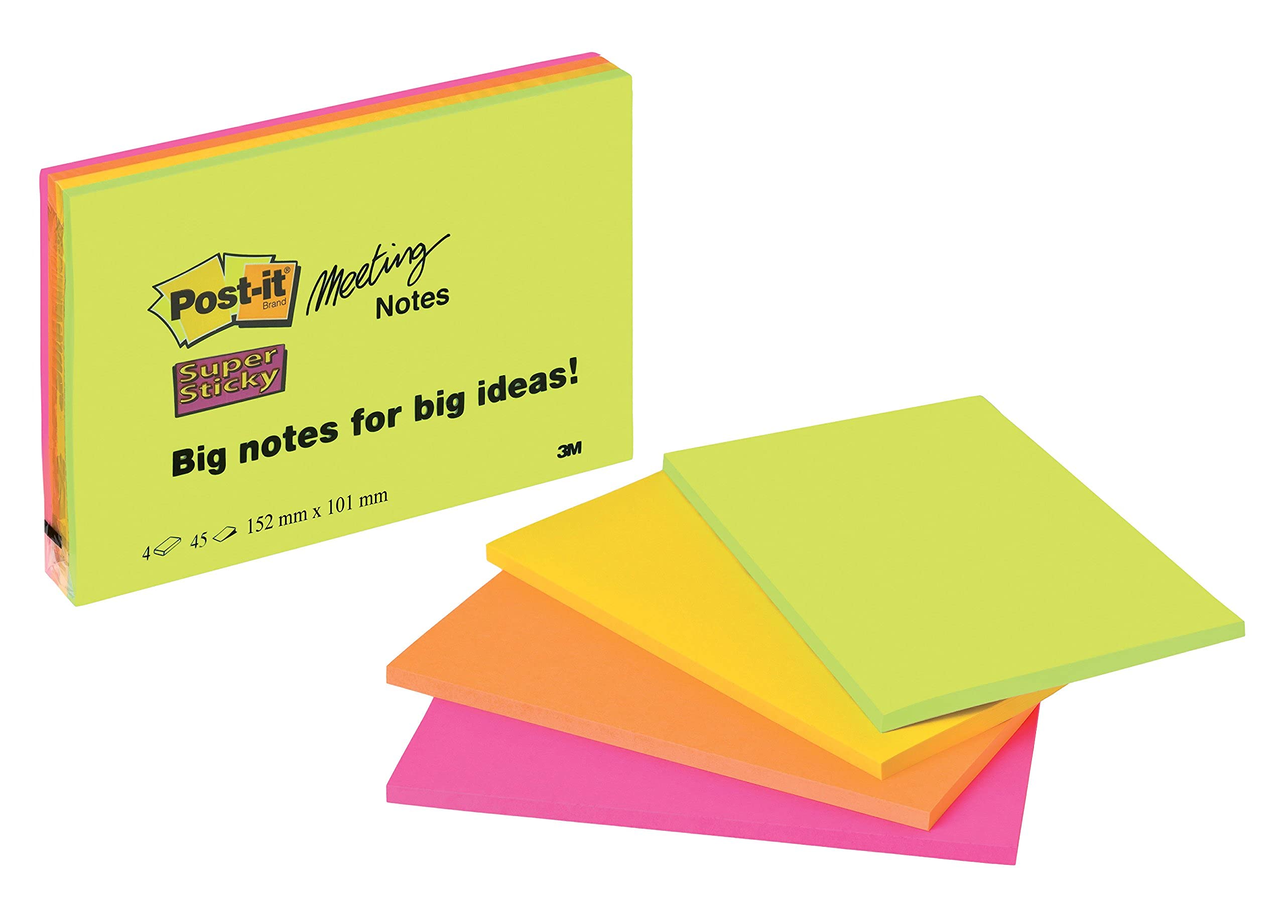 Post-itSuper Sticky Notes, Double the Sticking Power, Extra Large, 4 Pads, 180 Sheets, 152 mm x 101 mm, Green, Orange, Pink, Yellow Colors - Self-Sticking Notes for Walls, Monitors and Fridge