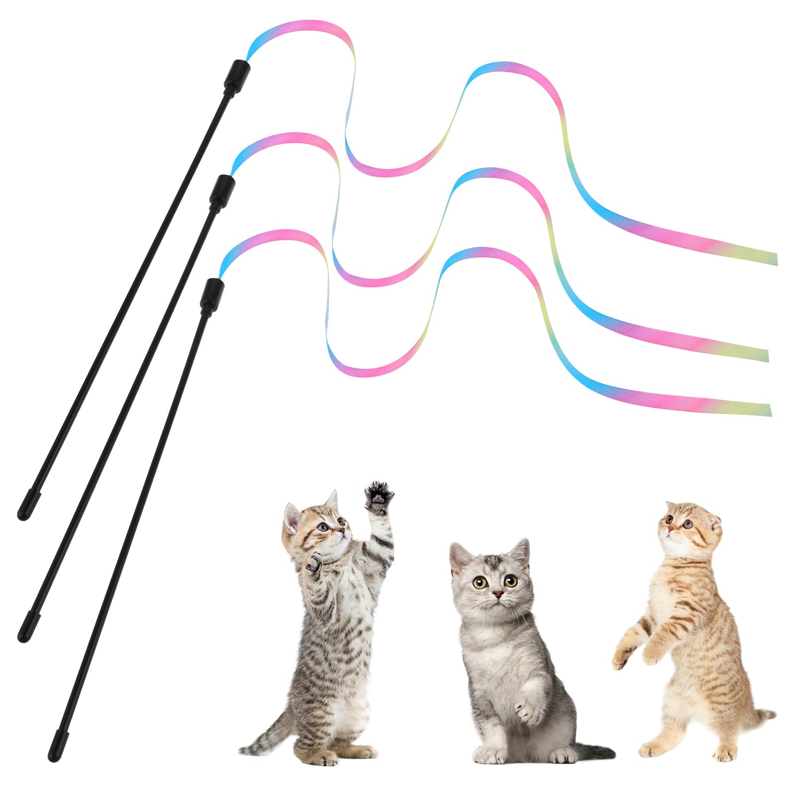 Bewudy 3 piezas de juguete de cuerda para gatos, juguetes de varita arcoíris, juguete interactivo para gatos de interior, adultos, cinta colorida para gatitos, juguetes de palo de gato para gatos de
