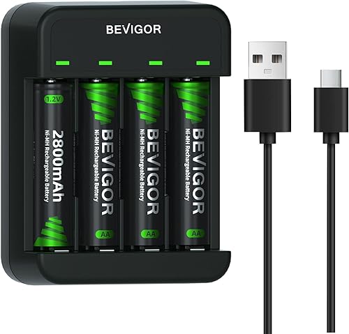 BEVIGOR Baterías AA recargables con cargador, 2800 mAh, paquete de 4 baterías NiMH Double A con cargador inteligente de 4 bahías USB de carga rápida
