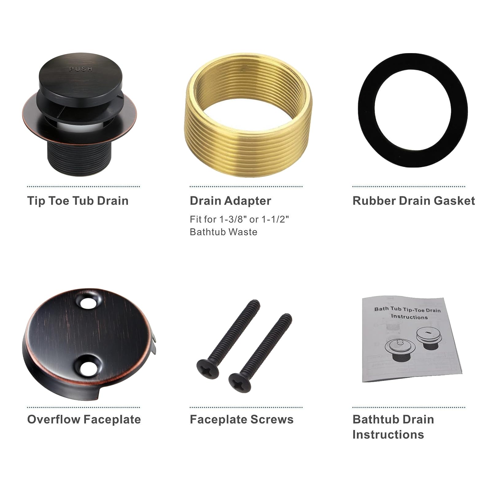 BYH Bathtub Drain Tip-Toe Conversion Kit – With Overflow Cover, Screws & Gasket – Fits 1-3/8” Or 1-1/2” Drains – Multiple Finishes