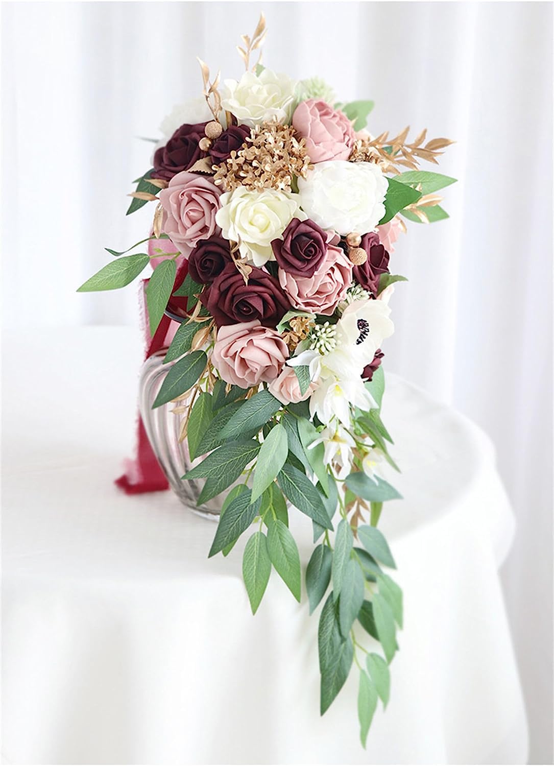 Bukiet kwiatów 9" Dusty Rose Cascading Bridal dla Panny Młodej, sztuczne jedwabne róże, rustykalny wystrój boho ceremonii