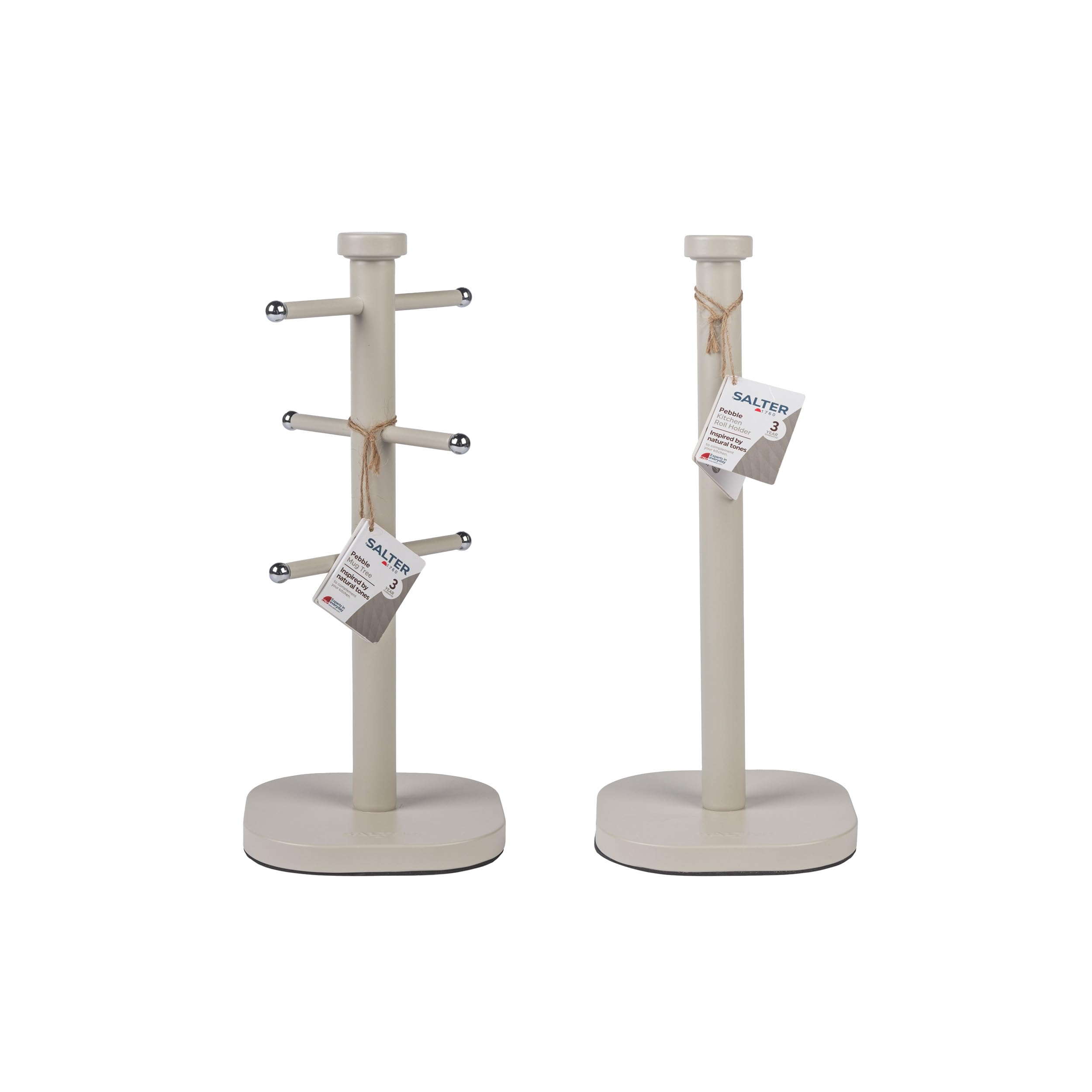 Salter Pebble Kitchen Roll Holder & Mug Tree Set – Freestanding 15 x 34 cm Paper Towel Holder for Countertops, Sturdy Carbon Steel Mug Stand with 6 Branch Display, Worktop Storage Racks, Stone