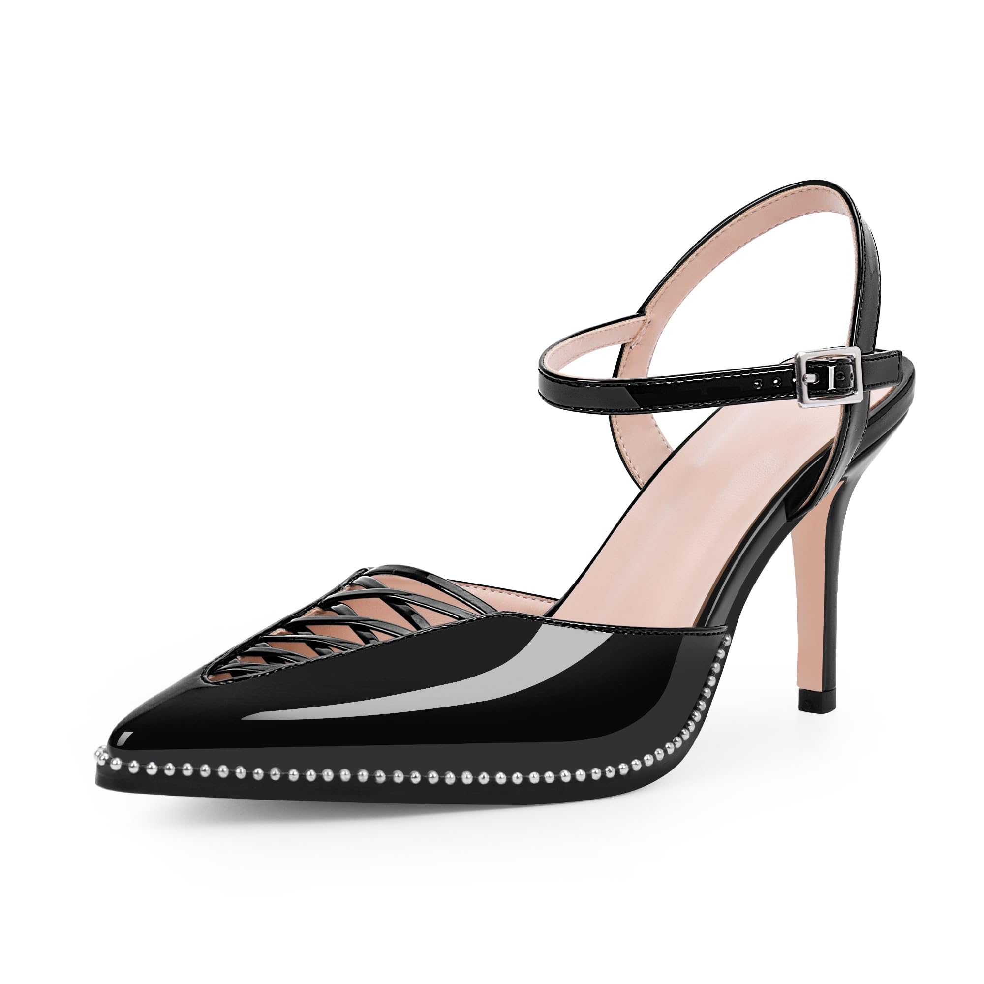 Odetina Women's Stilettos High Heel Ankle Strap Pumps Hollow Out Pointed Toe Bead Dress Shoes