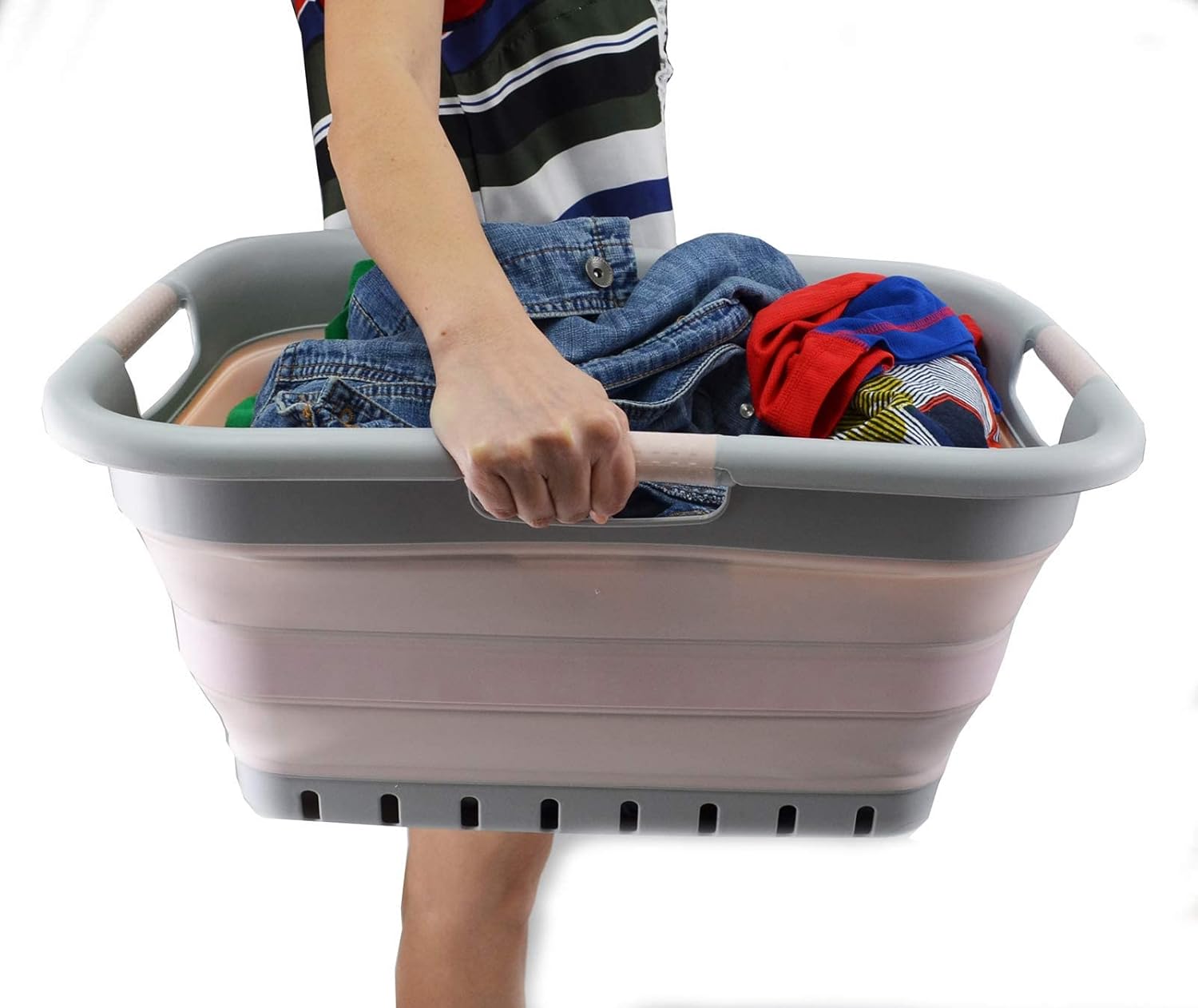 SAMMART 41L Collapsible Plastic Laundry Basket - Foldable Pop Up Storage Container/Organizer - Portable Basket - Space Saving Hamper/Basket (3 handled rectangular, Grey/Pink)