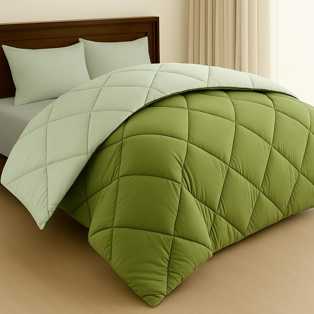 BSB HOME Reversible Comforter 220 GSM Microfiber Reversible AC Comforter/Blanket for Winter/Quilt/Duvets for King Size Double Bed Comforter (90 * 100, Olive Green Light Olive)| TC - 220