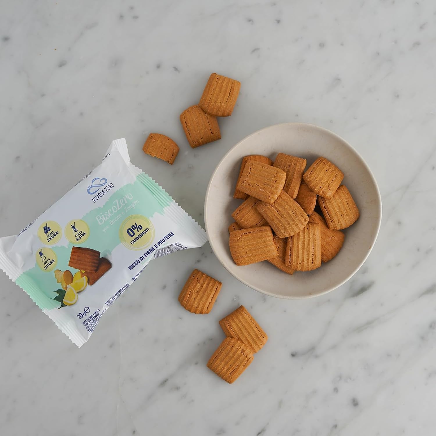Nuvola Zero BiscoZero Limón y Jengibre, Galletas sin azúcar ni carbohidratos, Galletas Keto Proteicas, Sin Gluten ni Lactosa, Ricas en Fibra, Paquete de 10