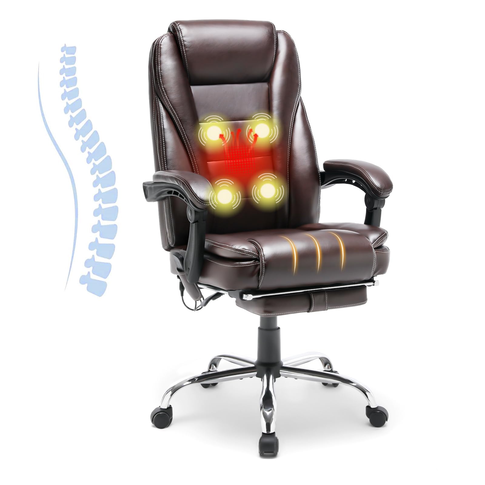 HOMREST 4-Point Massage Reclining Office Chair, Leather Heating Executive Chair, Ergonomic Home Office Desk Chair with Retractable Footrest,Computer Chair for Home Office, Study, Gaming (Brown)