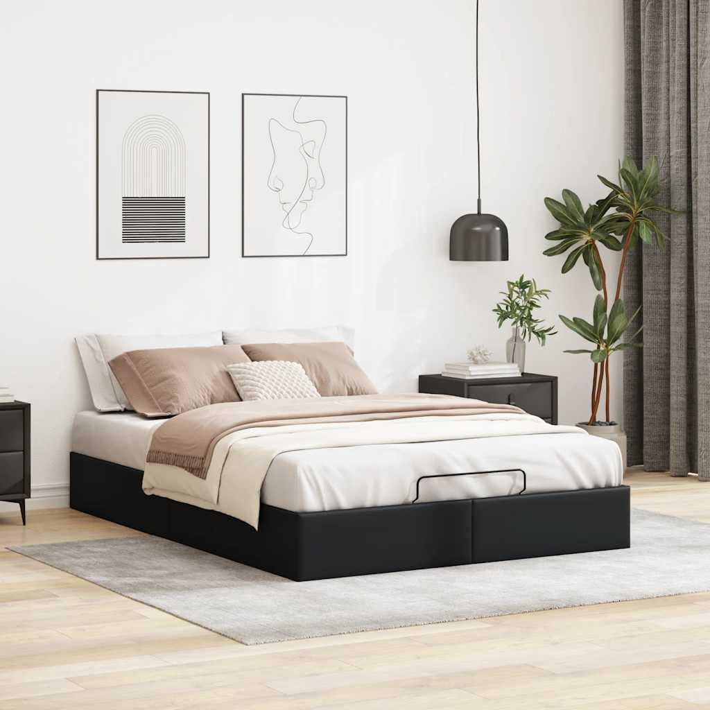 Black Faux Leather Ottoman Bed Frame with Hydraulic Storage 140x200 cm No Mattress Needed Space Saving Sofa Bed Base for Living Room