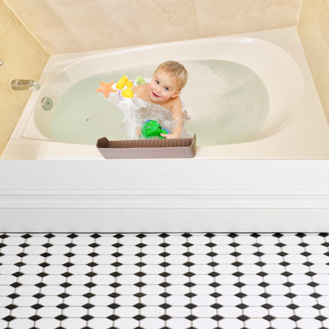 Bathtub Splash Guard - Silicone Splash Guard for Bathtub with Strong Suction Cups, Bathtub Accessories, Kitchen Sink Splash Guard, Tub Play Shelf for Kids, Bath Toy Holder, (1 Pack Stone Grey)