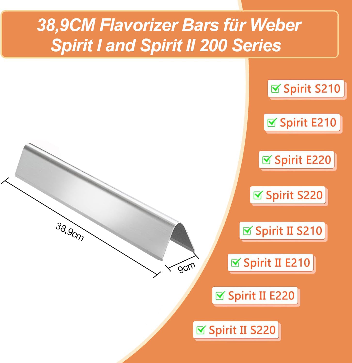 7635 Flavorizer Bars in Acciaio Inox per Weber Spirit I & II 200 Series, Spirit I E210/220 & II E210/S210, Piastra di Calore da 38,9 cm, Pezzi di Ricambio per Barbecue Weber Spirit