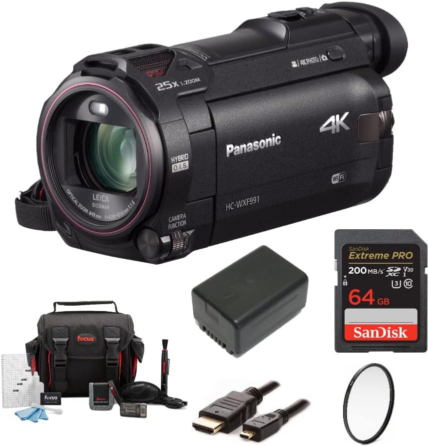 Panasonic HC-WXF991K 4K Ultra HD Cine Camcorder with 64GB SD Card, Battery, and Accessory Bundle (6 Items)