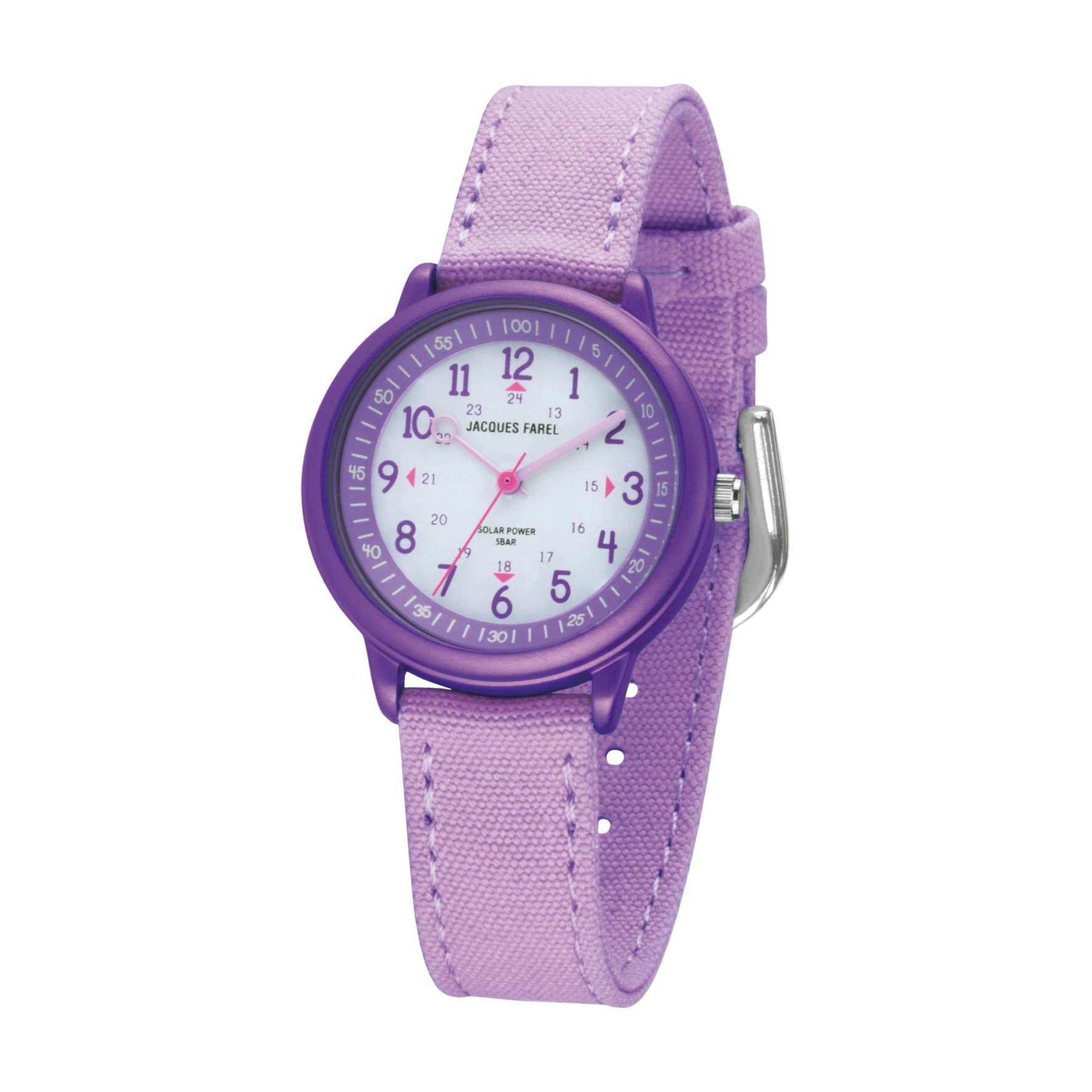 Jacques FAREL Solaruhr Lernuhr Öko Kinderarmbanduhr Mädchen Analog Quarz mit Textilarmband aus Bio-Baumwolle Lila Violett Nachhaltig ORSO 3110