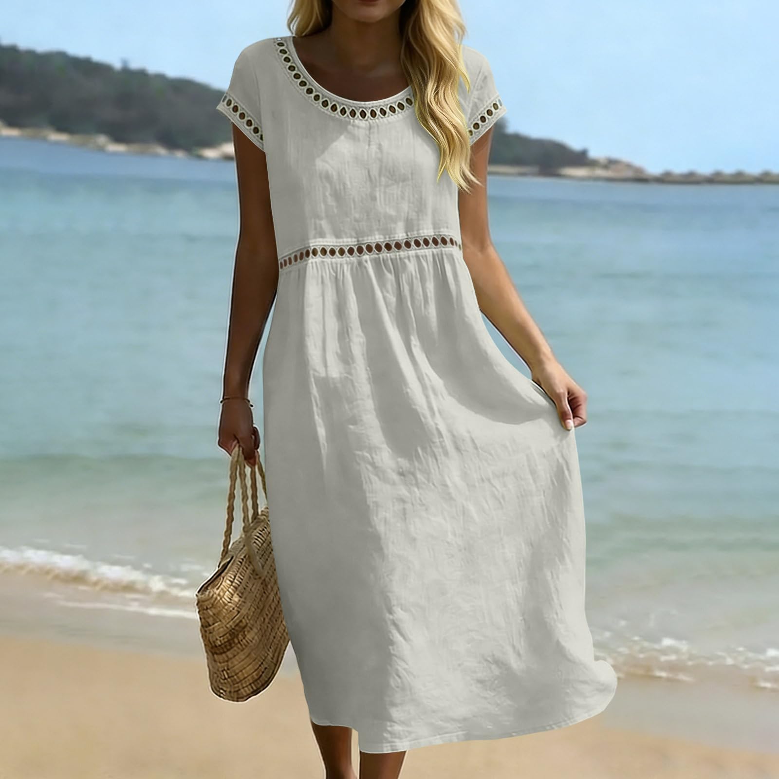 Sommerkleid Damen Lang,Kurzarm Lochstickerei Musselin Locker Kleid Sommer Strandkleid Boho Elegant Baumwolle Leinenkleid V Ausschnitt Mode Maxikleid Leicht und Luftig Freizeitkleid