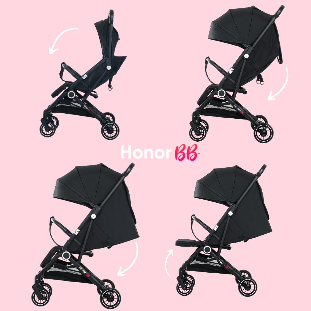 HonorBB ZOA Poussette Canne Bébé Légère et Compacte, 0-3 Ans, 0-15 kg, 3 Positions Inclinables, Pliage Automatique, Bandoulière, Moustiquaire et Protection Pluie Offerts – Essential Black