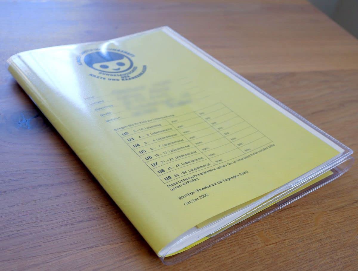Mikalino Uheft Hülle für das gelbe Untersuchungsheft Transparente U-Heft Schutzhülle aus Kunststoff mit Fach für Impfpass Uhefthülle mit 3 Fächern für Krankenkassenkarte, Grösse:200 Stk.