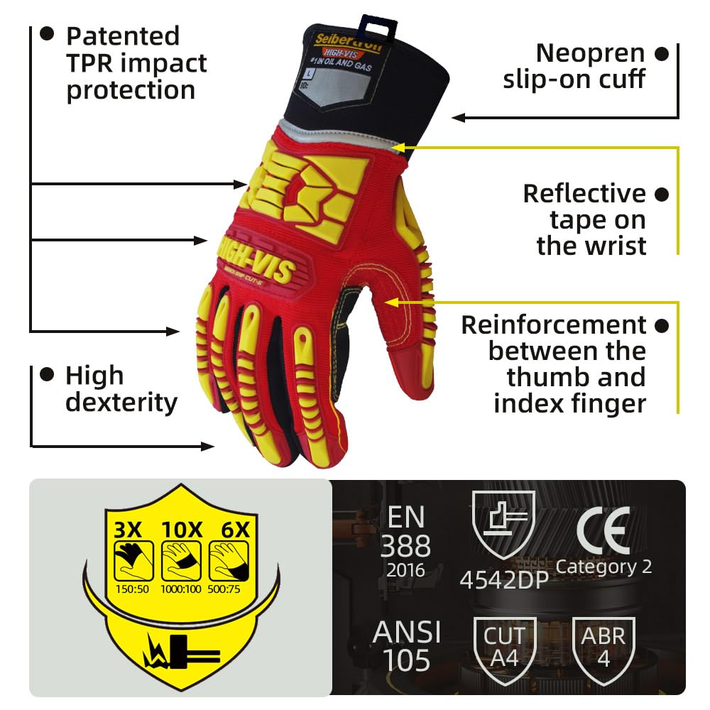 Seibertron HIGH-VIS HRC5 Aparejador de silicona Grip recorte del 5 Guantes de Impacto reforzada guantes de proteccion contra choques de seguridad de la perforacion de petroleoy gases XL