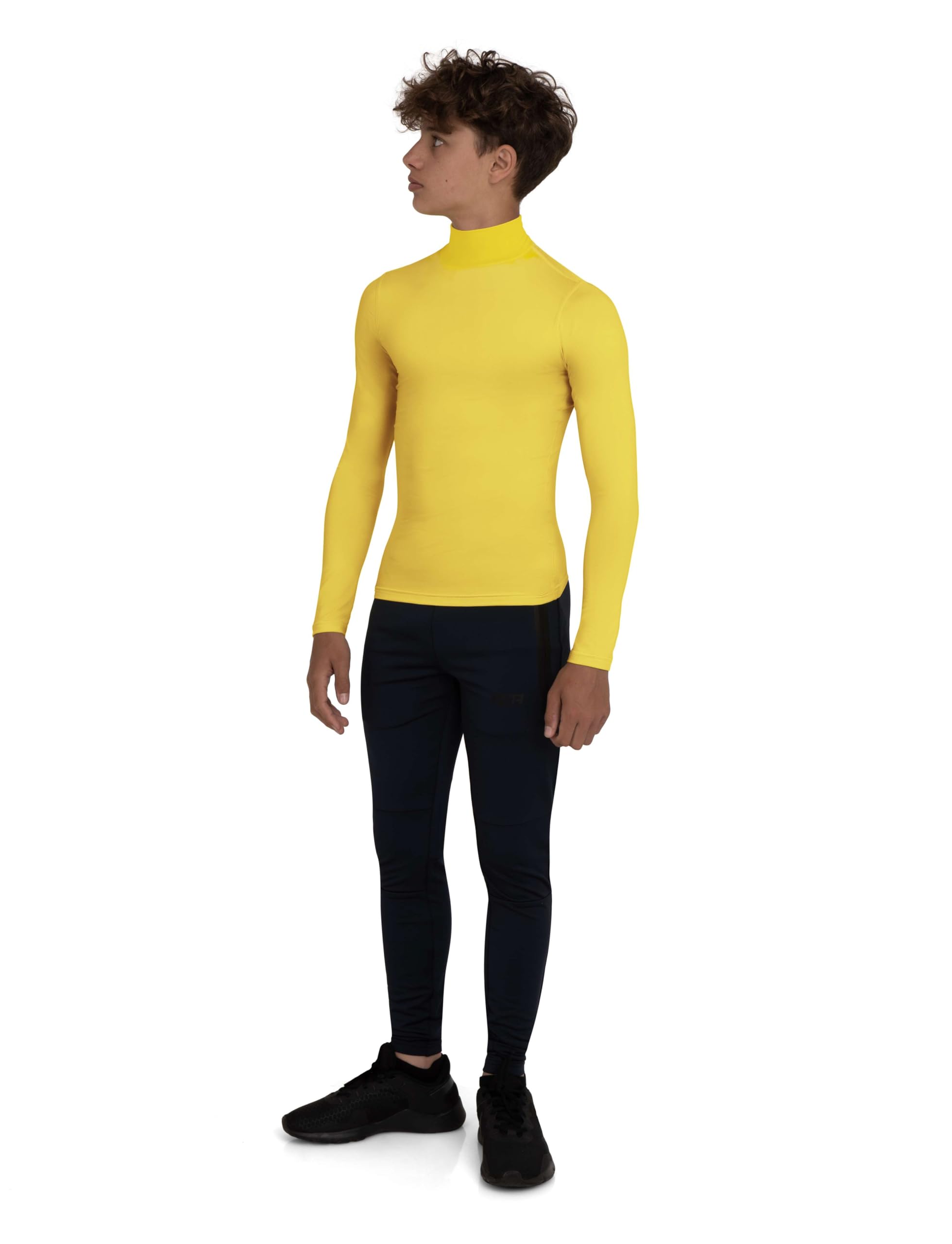 T-Shirt de Compression Manches Longues pour Football/Running - Tee-Shirt de Sport Col Montant/Col Rond pour Garçon- Jaune, 12-14 Ans