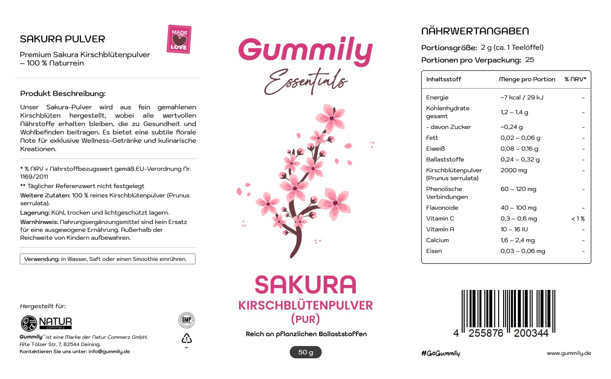 Sakura Polvere (Prunus serrulata), ricca di antociani e flavonoidi, elevata biodisponibilità, ricca di fibre vegetali, confezione da 50 g, qualità premium