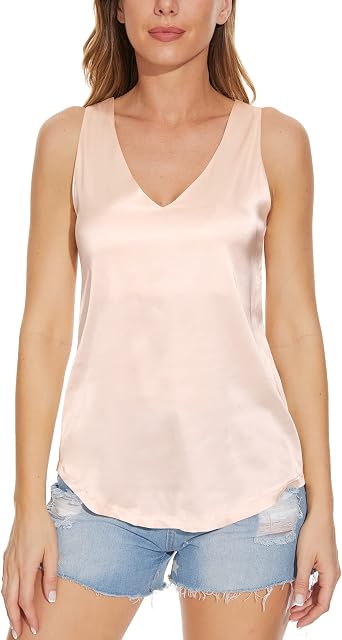 Women's V Neck Silk Sleeveless Blouse Casual Loose Fit Satin Cami Tank Tops