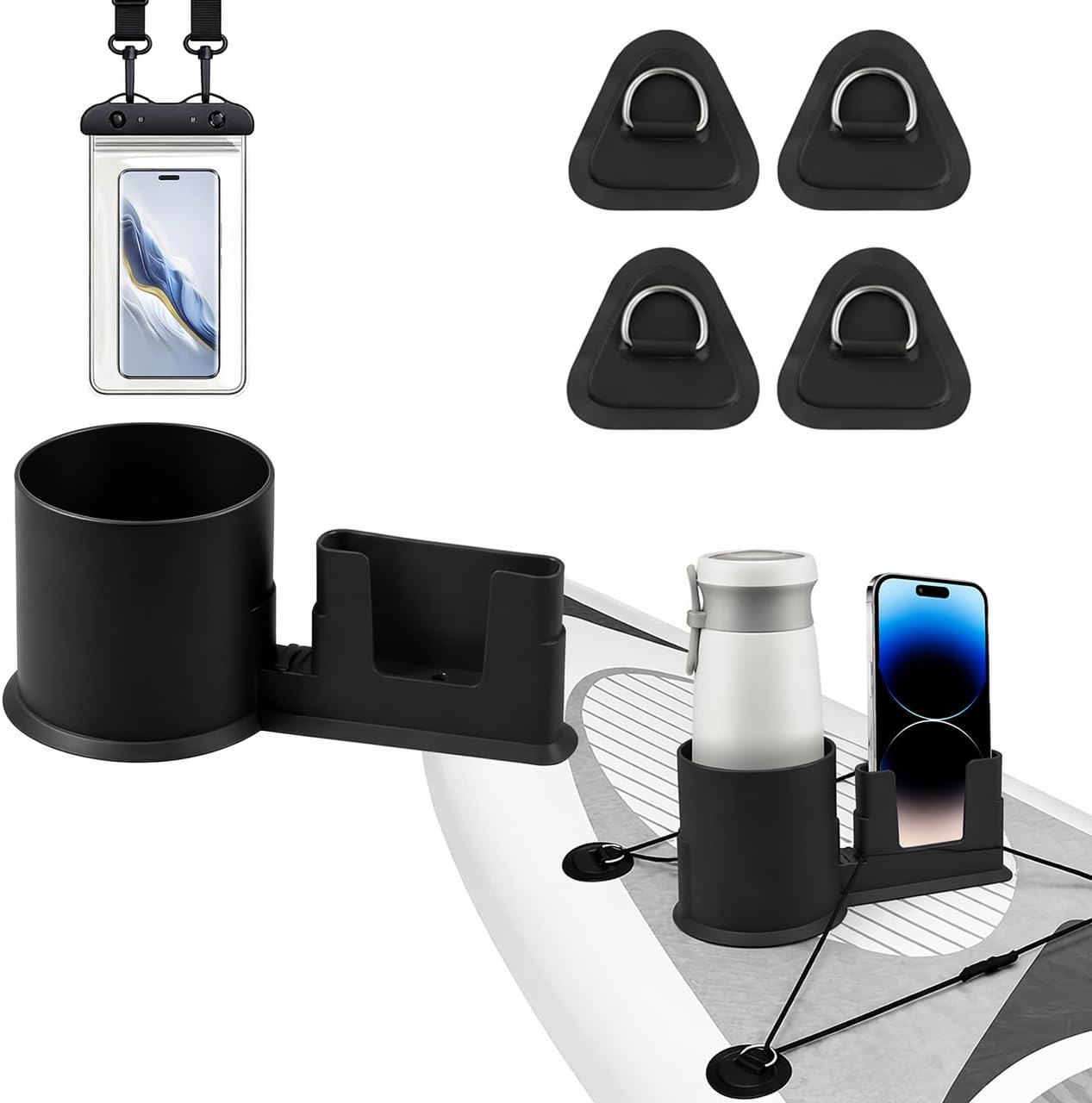 Stand-Up Paddleboard Accessory Set Spill-Proof Cup Holder + Waterproof Touchscreen Phone Dry Bag—Equipment For Kayaking Canoeing, And Stand-up Paddleboarding(Black) | For Kayaking Fishing Fits Most Stand Up Paddleboards Kayaks And Canoes Ideal For Fishing Paddling And Water Sports Activities