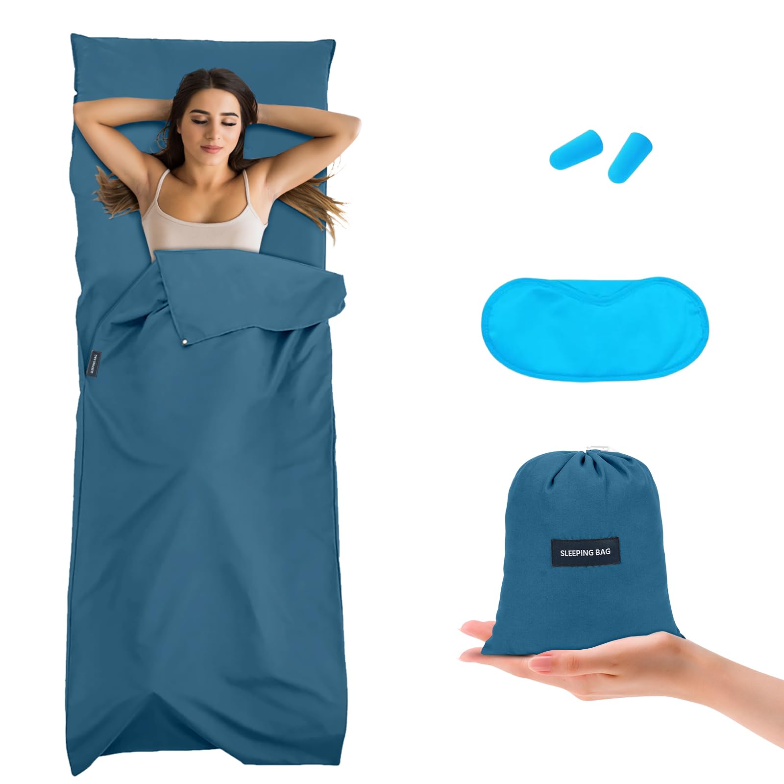 flintronic Sleeping Bag Liner 210 x 75 cm, Portable Camping Sleep Bag with Pillow Slot, Lightweight Travel Sleeping Bag for Camping Picnic Hiking Hostels-4PCS Blue