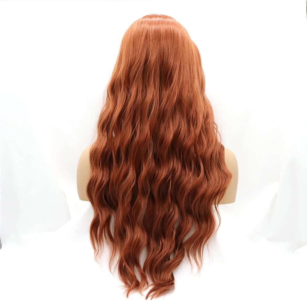 Xiweiya Wigs Long Curly Copper Red Lace Wig with Air Bangs Hair Length Synthetic Wave Heat Resistant Fiber Wigs Middle Parting for Women Drag Queen Cosplay Makeup (with U Part Lace) - Image 4