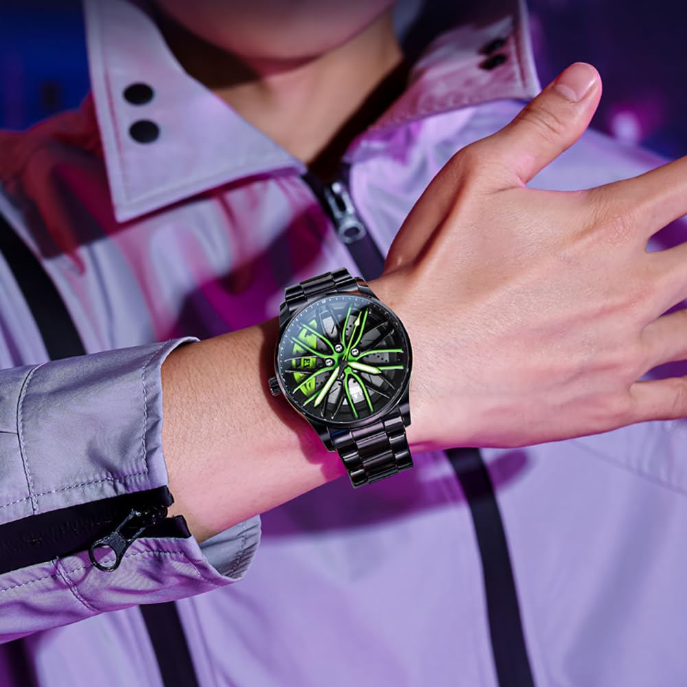 OLEVS Herrenuhren Drehende Auto-Rad Quarzuhren Modischer Sport Edelstahl Herrenarmbanduhr Leuchtend Wasserdicht für Männer