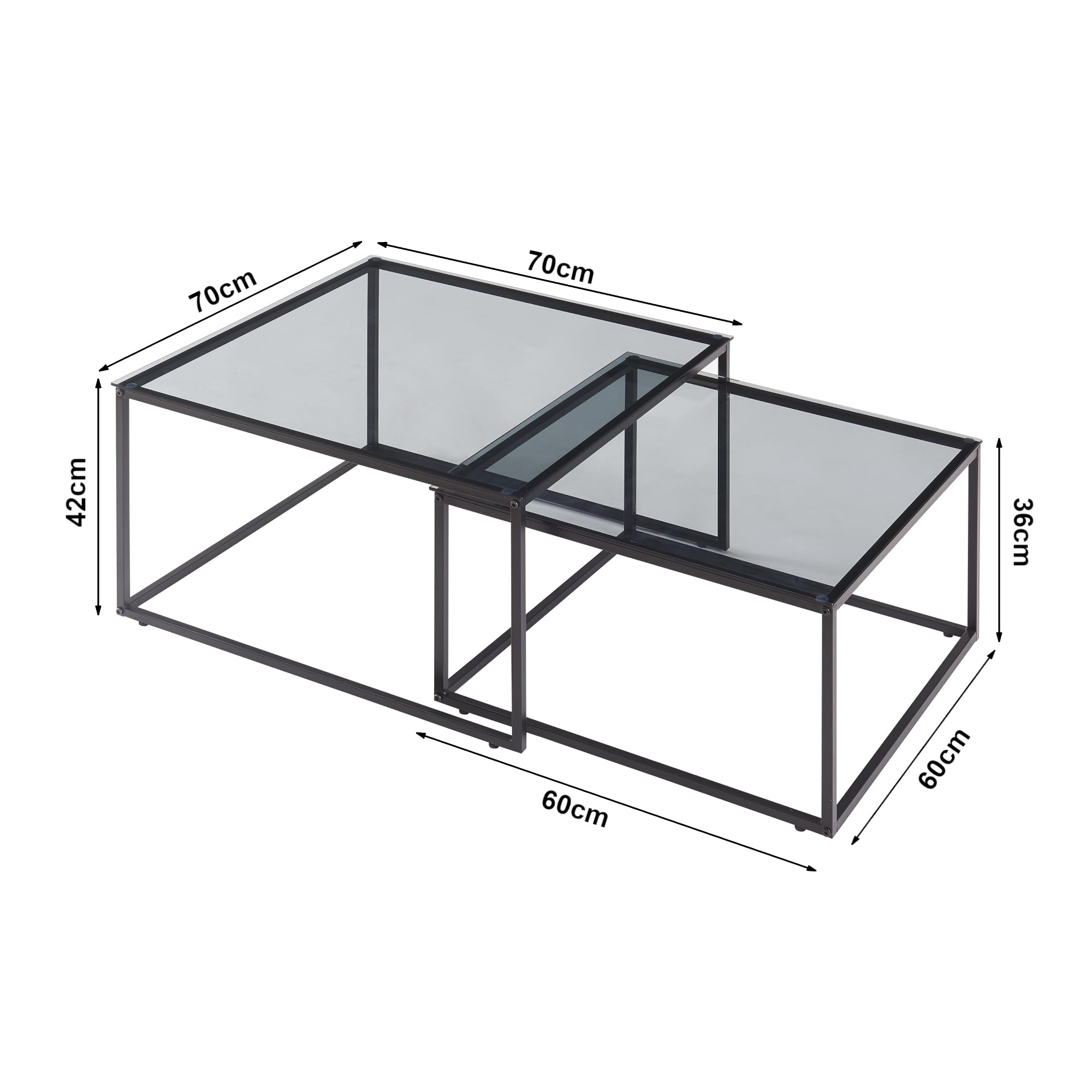 [en.casa] Lot de 2 Tables Basses Gigognes Ensemble de 2 Tables d'Appoint de Tailles Différentes Set de 2 Bouts de Canapé Design Industriel Gain de Place Acier Verre Trempé Noir Verre Fumé Gris