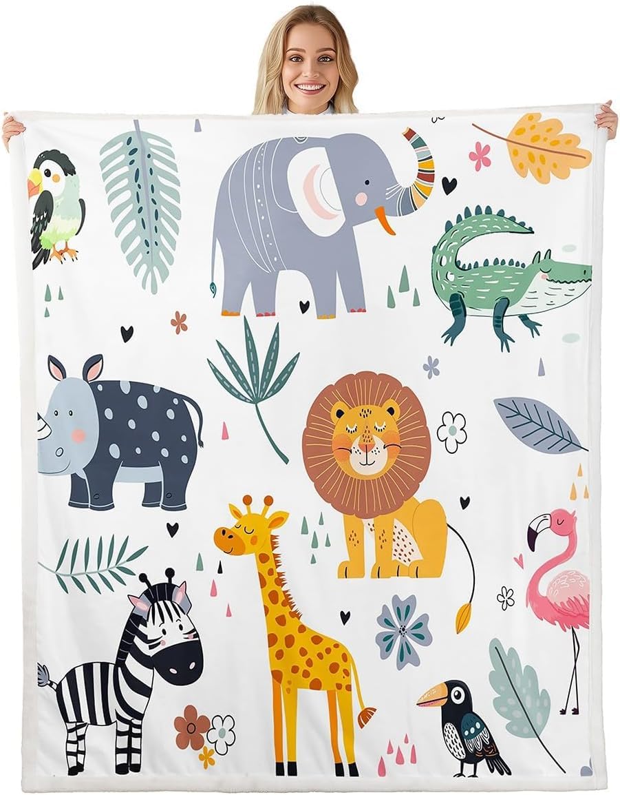 Homemissing Kinder Zoo Tier Kuscheldecke Süße Wildtiere Decke 150x200cm Cartoon Safarimuster Wohndecke für Jungs Mädchen Kinder Schlafzimmer Dekoration Exotisch Natur