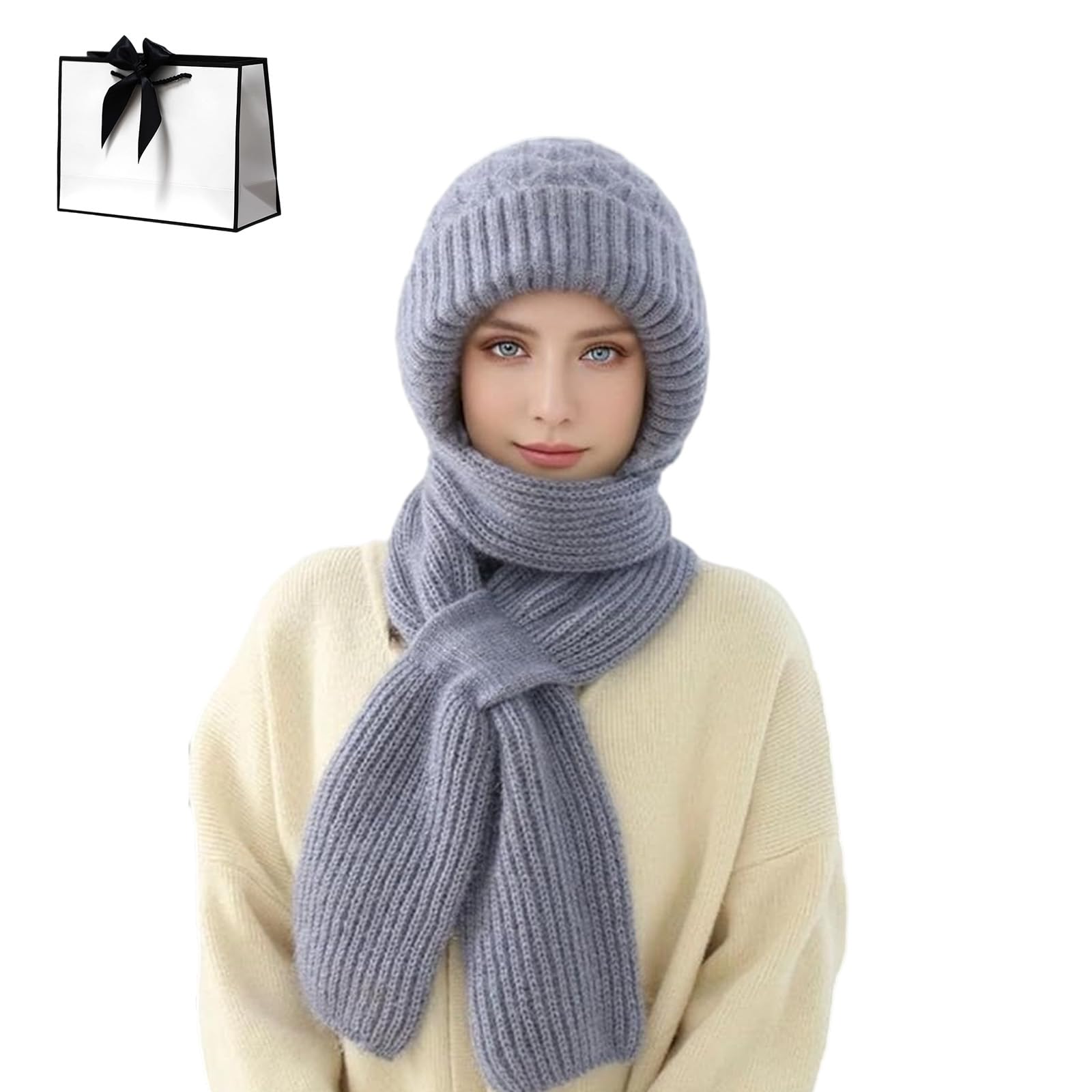 HOPASRISEE Winter Versatile Knitted Hooded Scarf for Women, Women's Winter Hooded Scarf, Integrated Ear Protection Windproof Thick Scarfs, Warm Knitted for Cold Weather Outdoor (Gray)