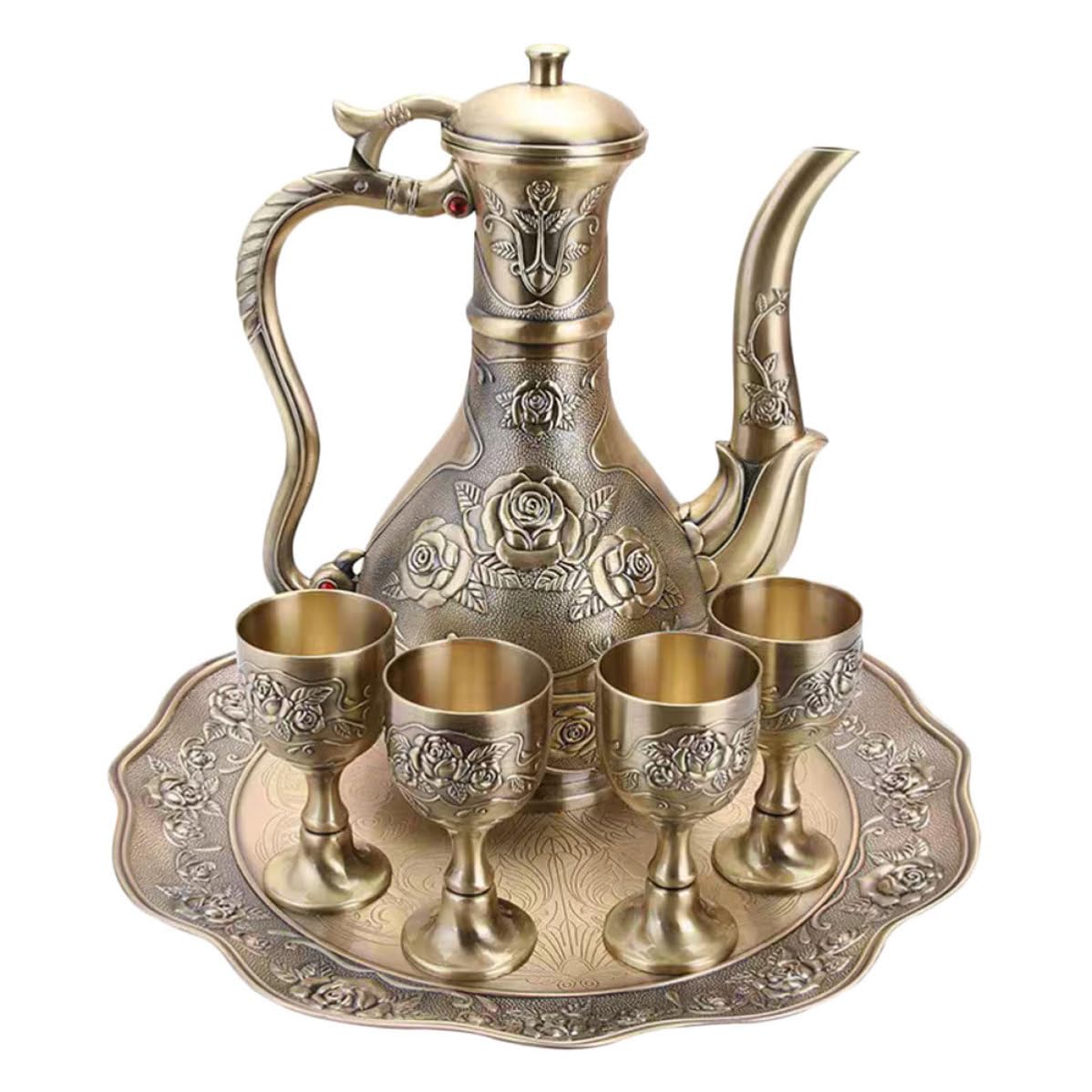 KICHOUSE Set da Liquori in Lega di Zinco con Design Vintage Elegante Oro, Include Caraffa, Bicchieri e Vassoio, Facile Manutenzione e Resistente allo Sbiadimento, per Feste e Matrimoni