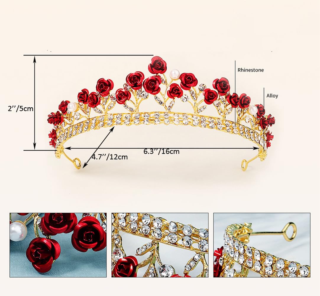 Glitter Red Rose Tiara with Rhinestones & Pearls Bride Princess Floral Crown Headpiece for Wedding Party, and Special Events - Image 2
