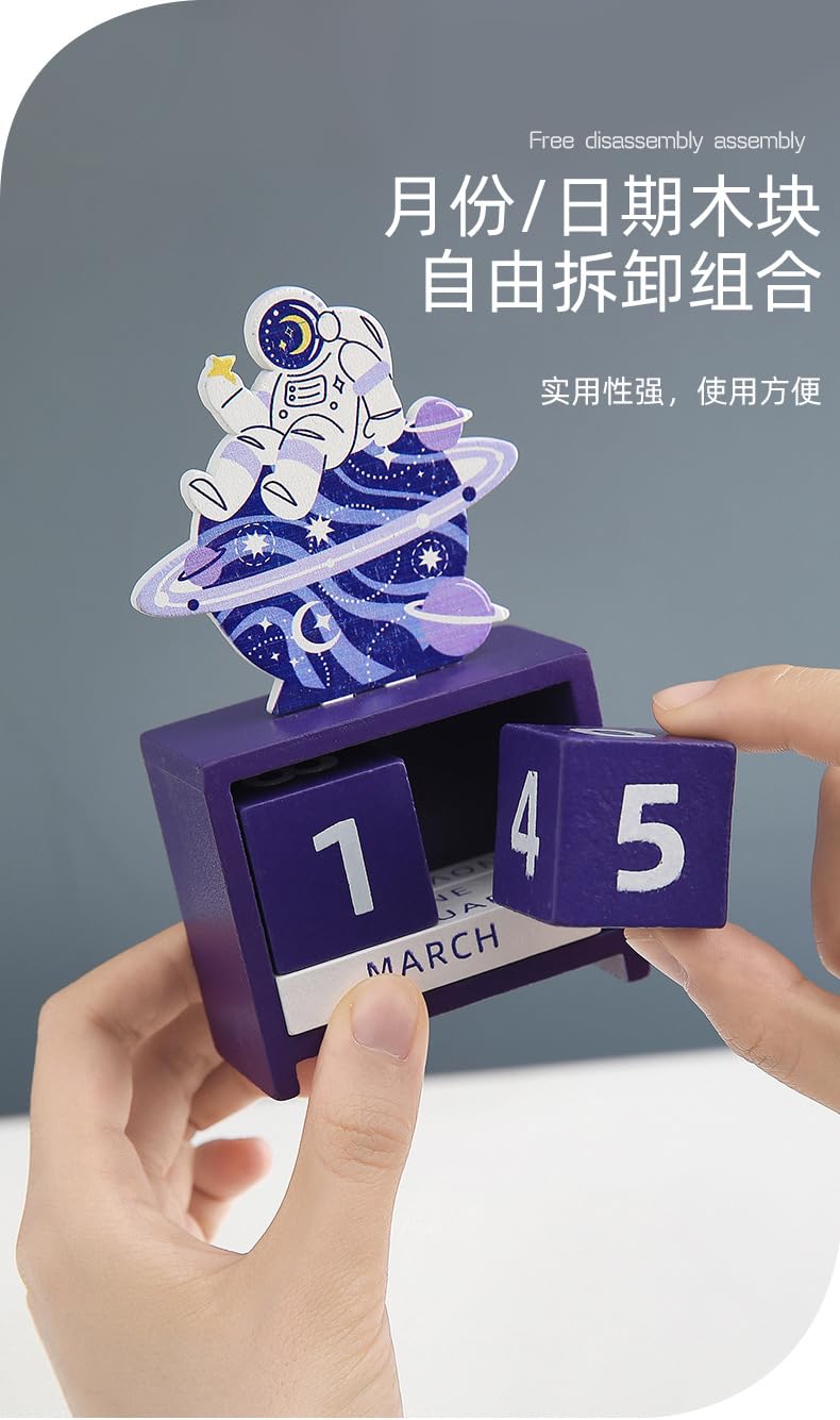 Calendario da tavolo in legno, design perpetuo astronauta con blocchi di data e mese, decorazione pratica per casa e ufficio per un uso duraturo, ecologico e riutilizzabile per anni
