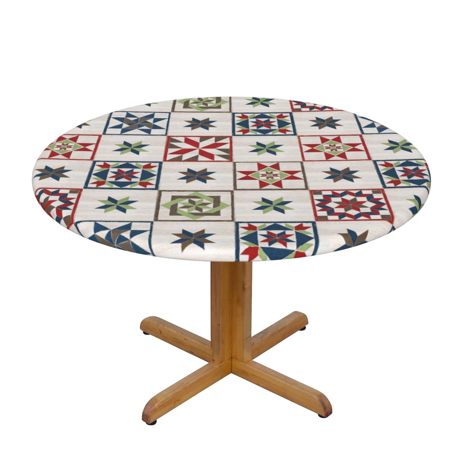 Lsjuee Round Fitted Tablecloth 45-50in Elastic Edged Table Cloth for Kitchen Dining Party Home Decor - Barn Geometry Vintage Polygon