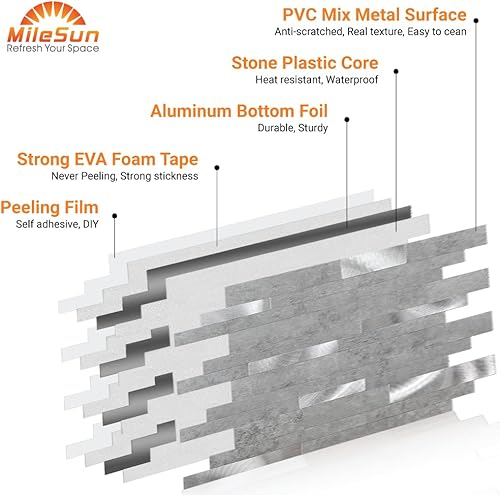 Miniatura 3 de MileSun 10 hojas de azulejos de PVC para salpicaduras, 11.5 x 12 pulgadas, tira adhesiva para cocina, baño, lavandería, cámper, chimenea (cemento