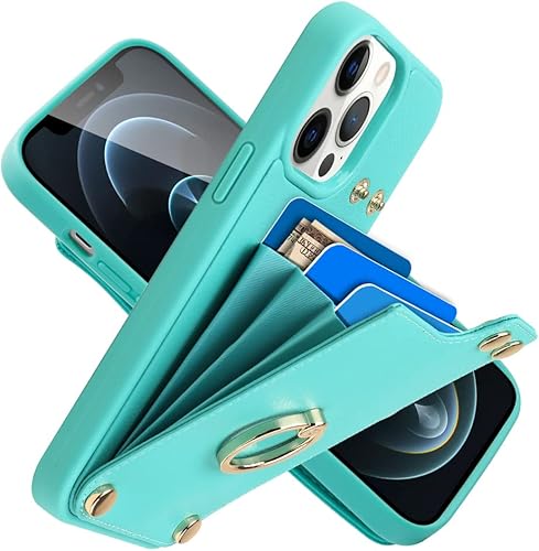 Miniatura 10 de LAMEEKU Funda tipo cartera compatible con iPhone 12 Pro Max, funda de cuero con tarjeterosoporte de anillo de rotación de 360, funda protectora de
