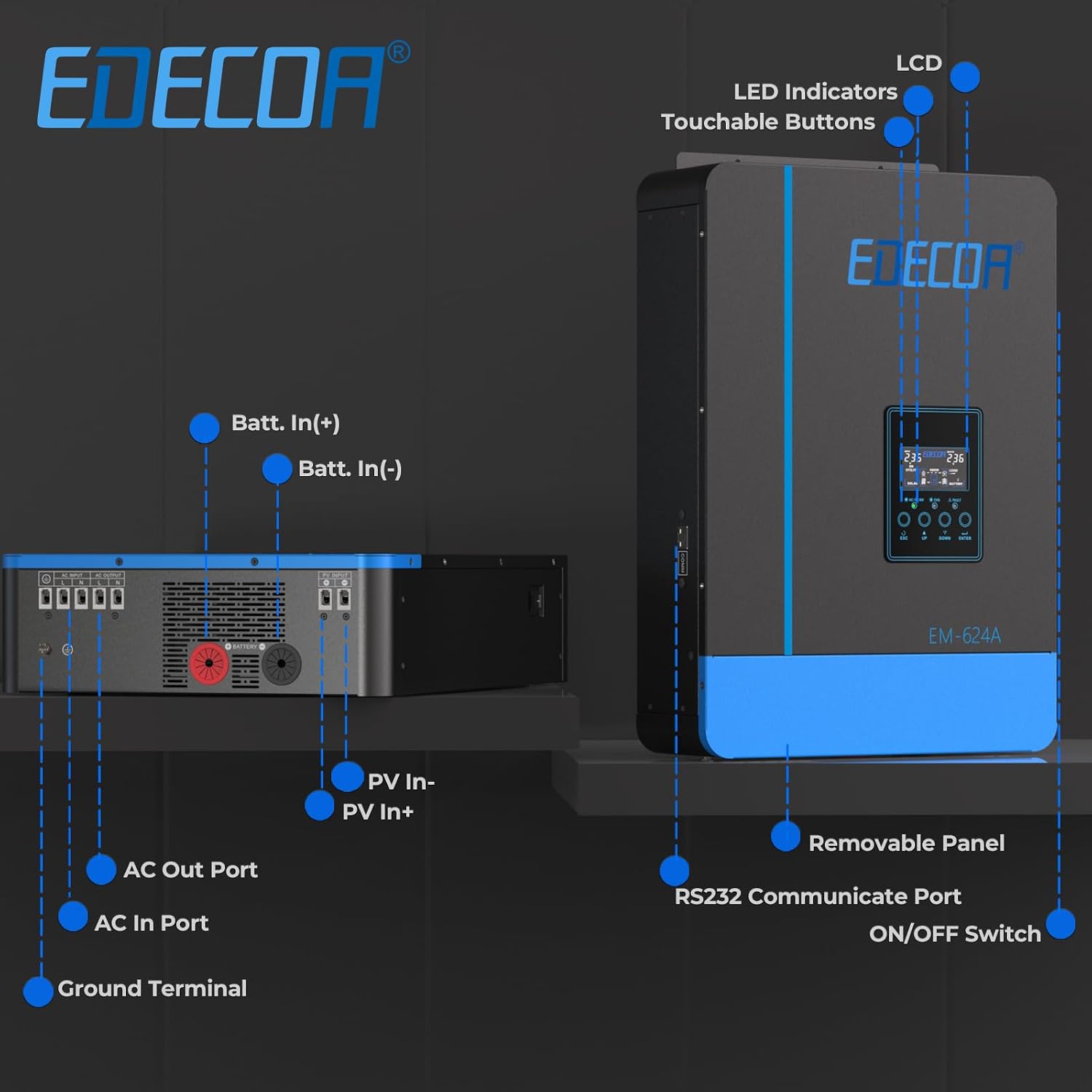 EDECOA 6200W 7000VA Solar Power Inverter 48V DC to 230V 240V AC Hybrid ...