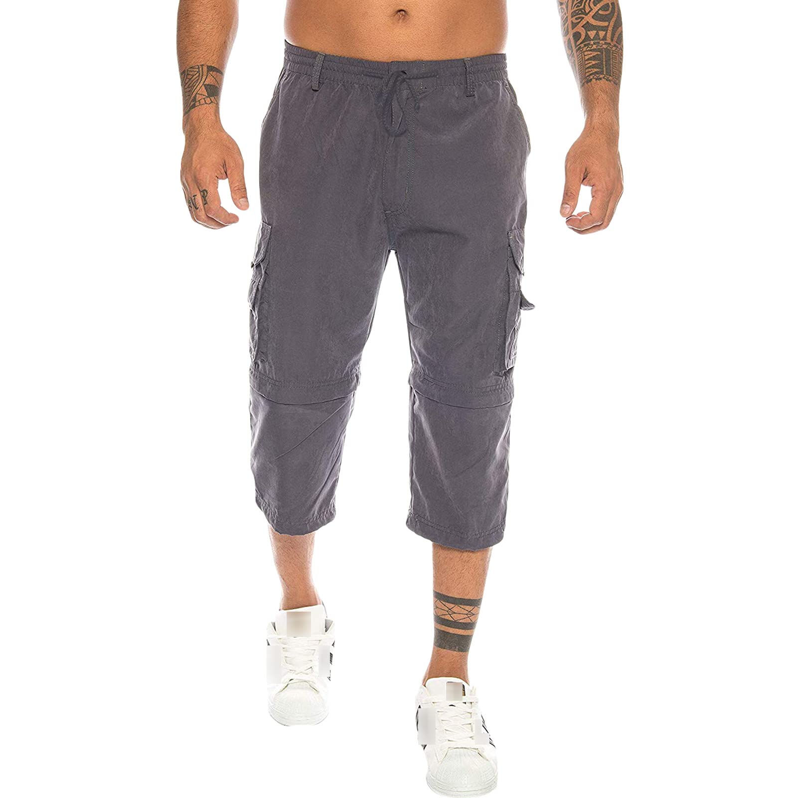 Men's Hiking 3/4 Capri Pants Convertible Zip Off Lightweight Cargo Shorts Below Knee Breathable Tactical Short (Dark Grey,XX-Large)