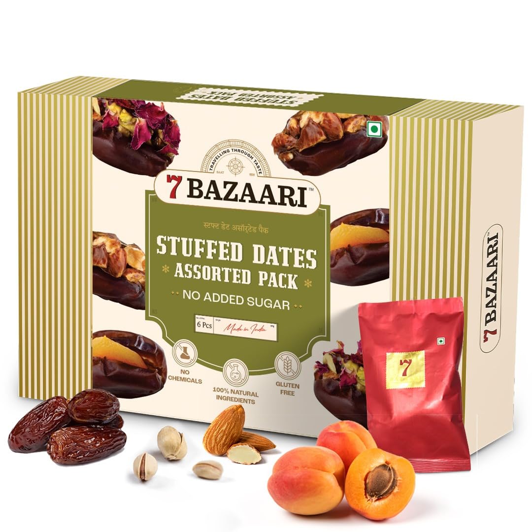 7 BAZAARI™ Healthy Stuffed Dates | Premium Assorted Box with Almond, Pistachio, Apricot & Honey | No Added Sugar, Gluten-Free, Natural Festival Sweets Gift Pack