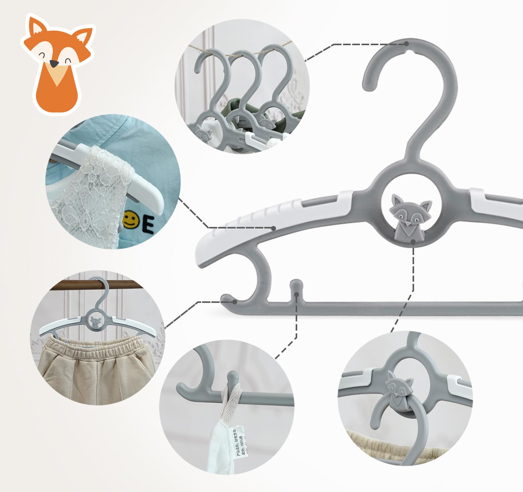 Mitwachsende Kleiderbügel Kinder, 24 Stück Ausziehbare Babykleiderbügel Platzsparend mit Stapelbaren Fuchs-Haken, 100% aus neues Kunststoff Kinderkleiderbügel für Kinderbekleidung Baby und Kind